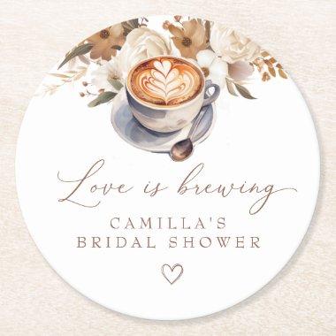 Love Is Brewing Coffee Boho  Round Paper Coaster