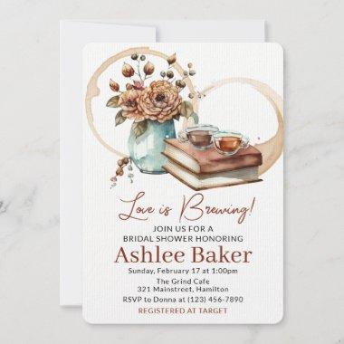 Love is Brewing Coffee Cup and Books Bridal Shower Invitations