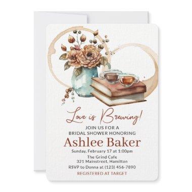 Love is Brewing Coffee Cup and Books Bridal Shower Invitations