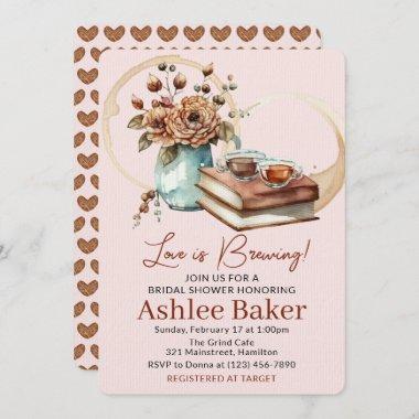 Love is Brewing Coffee Cup and Books Bridal Shower Invitations