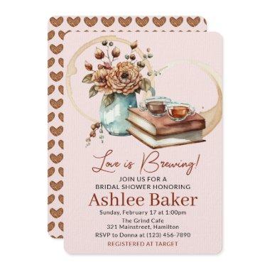 Love is Brewing Coffee Cup and Books Bridal Shower Invitations