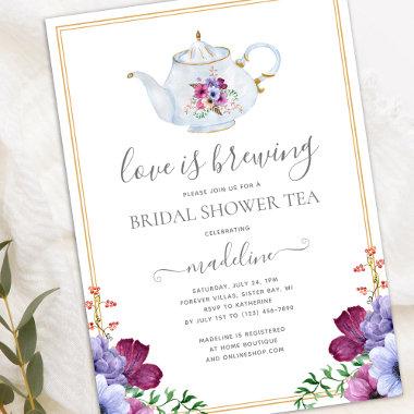Love is Brewing Floral Bridal Shower Tea Party Invitations