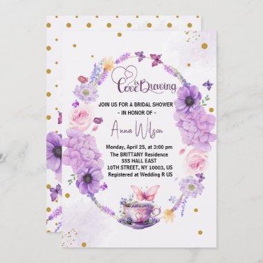 love is brewing lilac Heart Floral bridal shower Invitations