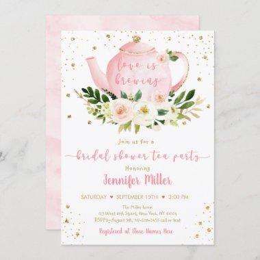 Love Is Brewing Pink Gold Tea Party Bridal Shower Invitations
