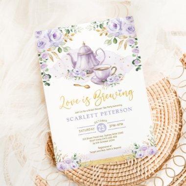 Love is Brewing Purple Flower Bridal Shower Tea Invitations