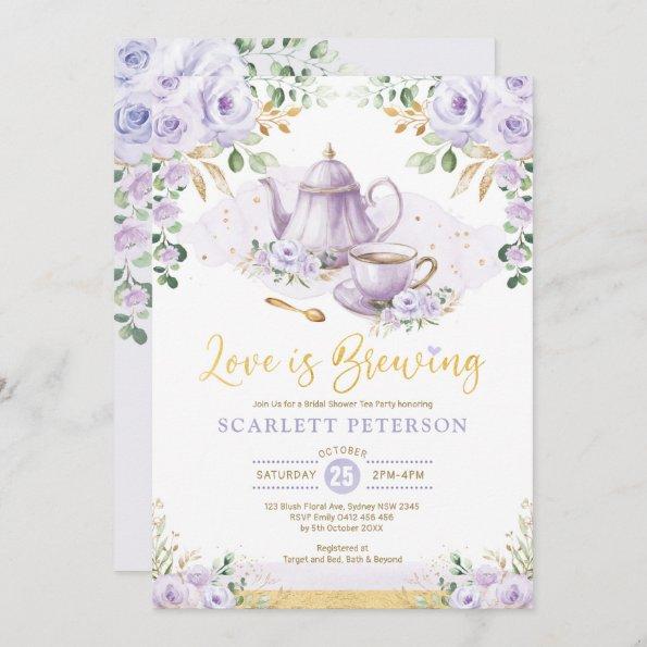 Love is Brewing Purple Flower Bridal Shower Tea Invitations