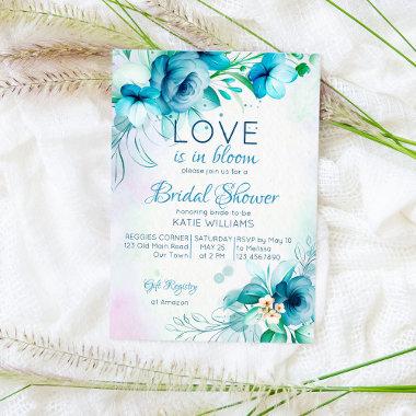 Love is in bloom blue teal flowers bridal shower Invitations
