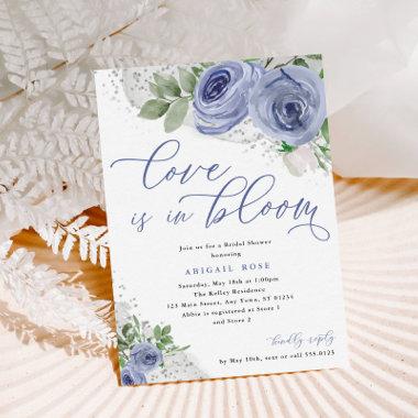 Love is in Bloom Bridal Shower Blue Silver Flowers Invitations