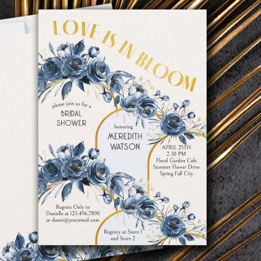 Love is in Bloom Gold Arch Blue Rose Bridal Shower Invitations