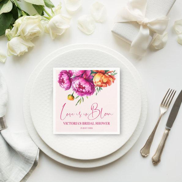 Love is in bloom pink flower bridal shower printed napkins