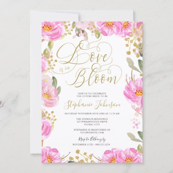 Love is in Bloom Pink Gold Floral Bridal Shower Invitations