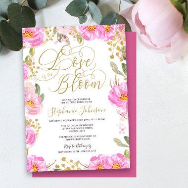 Love is in Bloom Pink Gold Floral Bridal Shower Invitations