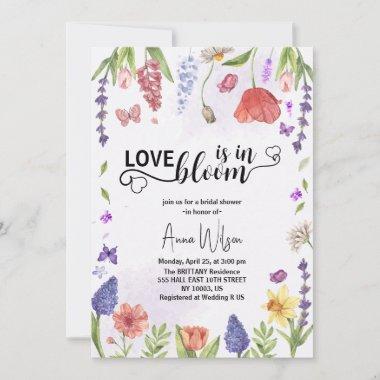 love is in bloom purple wildflower bridal shower Invitations
