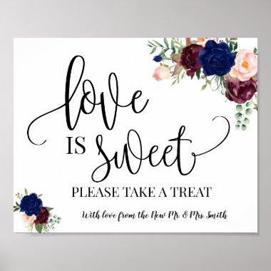 Love is Sweet dessert table wedding navy burgundy Poster