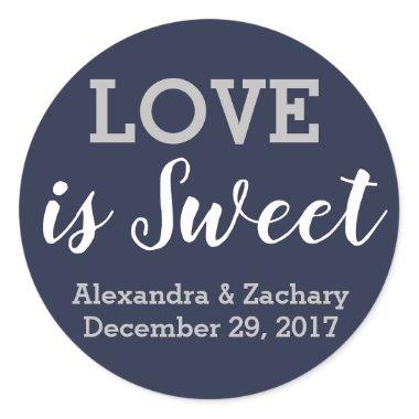 Love is Sweet Navy Blue Silver Wedding Engagement Classic Round Sticker