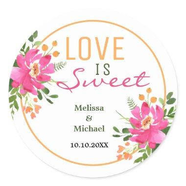 Love Is Sweet Pink Floral Wedding Favor Classic Round Sticker