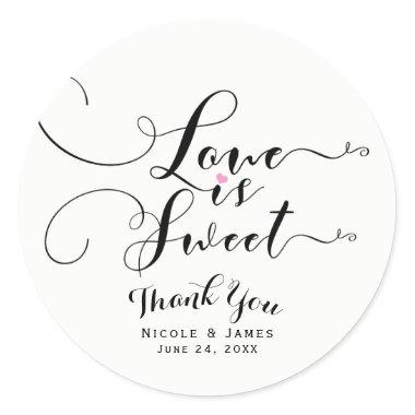 Love is Sweet Pink Heart Custom Wedding Favor Classic Round Sticker