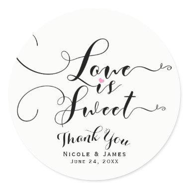 Love is Sweet Pink Heart Custom Wedding Favor Classic Round Sticker