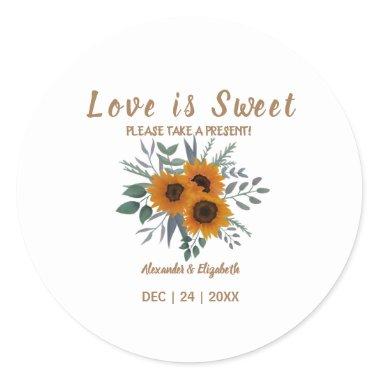 Love is Sweet Sunflowers Greenery Wedding Present Classic Round Sticker