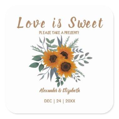 Love is Sweet Wedding Present Sunflowers Greenery Square Sticker