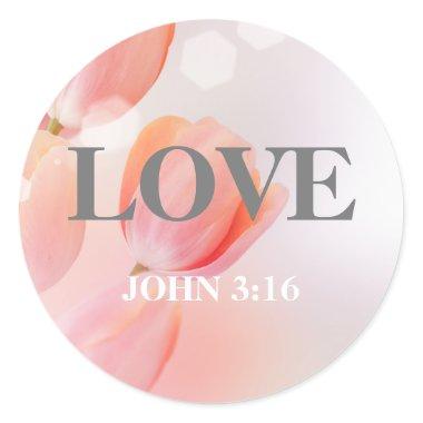 LOVE John 3:16 Verse with Elegant Pink Flowers Classic Round Sticker