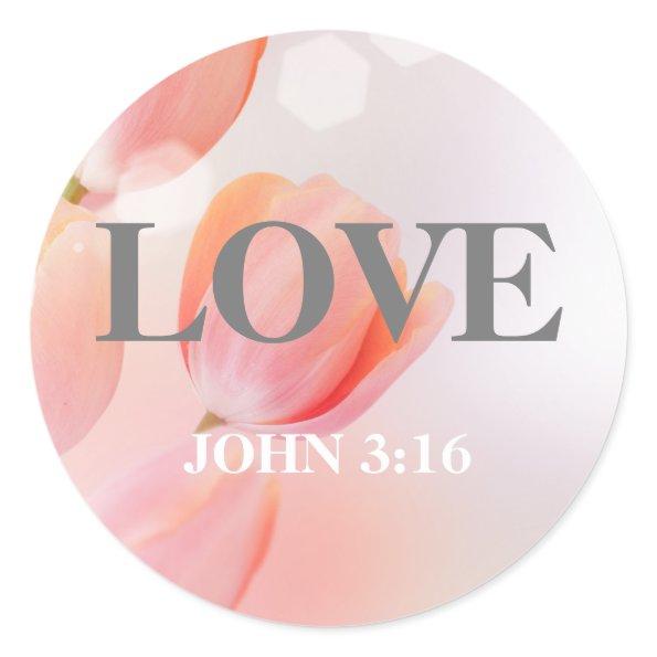 LOVE John 3:16 Verse with Elegant Pink Flowers Classic Round Sticker
