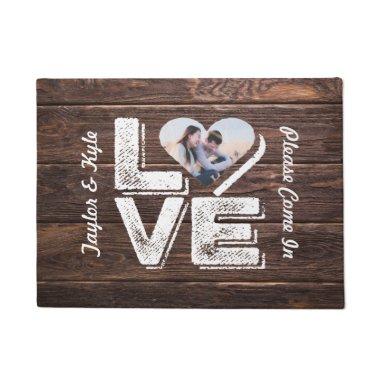 Love Rustic Woodland Photo Heart Frame Monogram Doormat