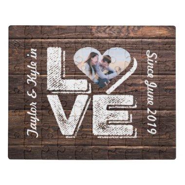 Love Rustic Woodland Photo Heart Frame Monogram Jigsaw Puzzle