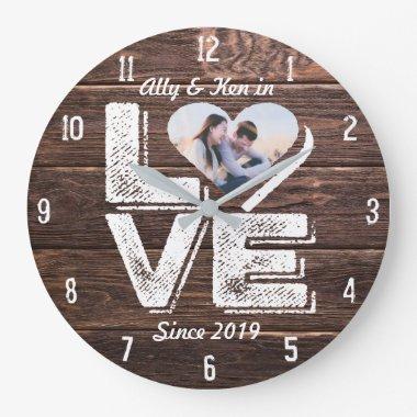 Love Rustic Woodland Photo Heart Frame Monogram Large Clock