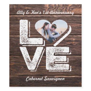 Love Rustic Woodland Photo Heart Frame Monogram Wine Label