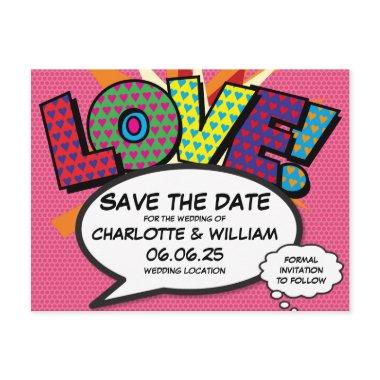 LOVE Save the Date Fun Retro Comic Book Pop Art Announcement PostInvitations