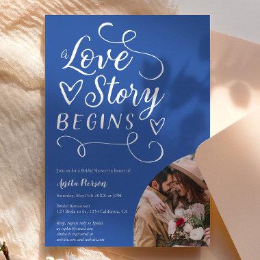Love story blue white photo bridal shower Invitations