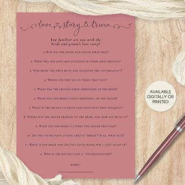 Love Story Trivia Bridal Shower Pink Game Invitations