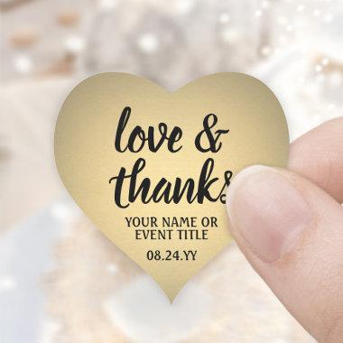 Love & Thanks Black & Gold Faux Foil Simple Script Heart Sticker