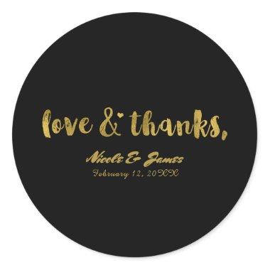 Love & Thanks Gold Black Modern Chic Wedding Favor Classic Round Sticker