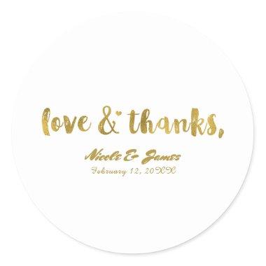 Love & Thanks Gold Modern Chic Wedding Favor Classic Round Sticker