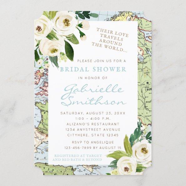 Love Travels Floral Map Bridal Shower Invitations