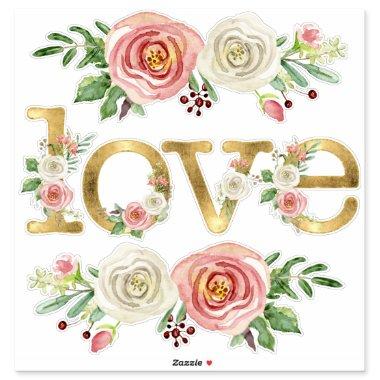 Love Wedding Honeymoon Watercolor Floral w Gold Sticker