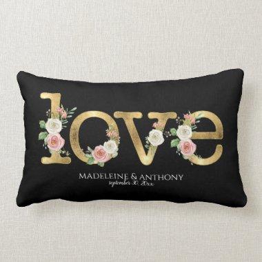 Love Wedding Watercolor Floral Black Gold Names Lumbar Pillow