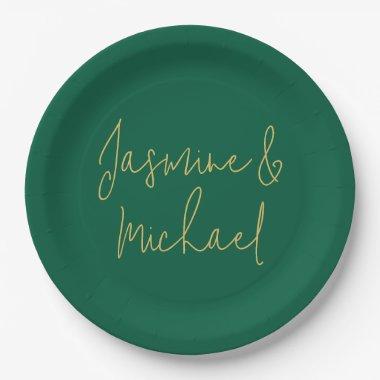 Lovely Chic Calligraphy Couple Names Green & Gold Paper Plates