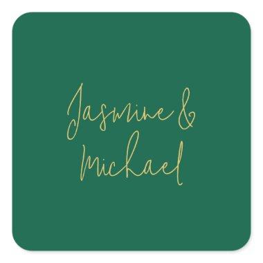 Lovely Chic Calligraphy Couple Names Green & Gold Square Sticker