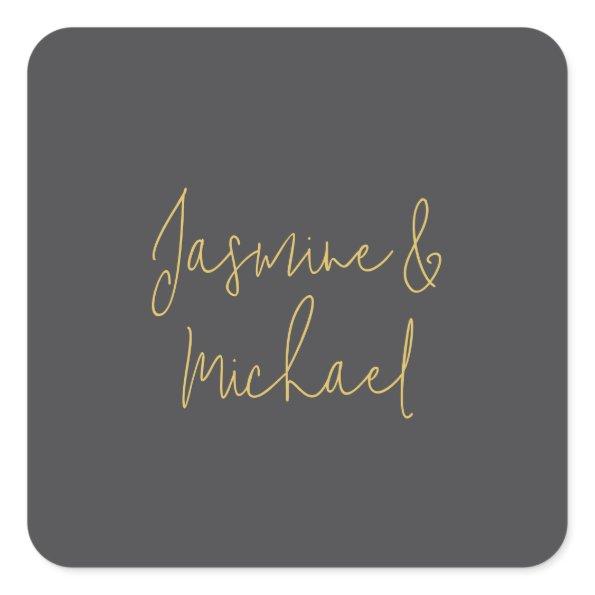 Lovely Chic Calligraphy Couple Names Grey & Gold Square Sticker