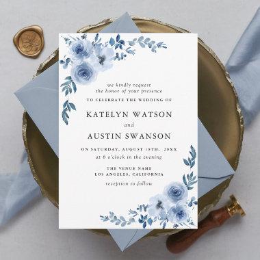 lovely dusty blue floral wedding Invitations