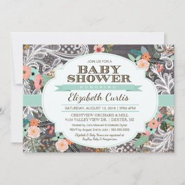 Lovely Rustic Floral & Lace Boho Baby Shower Invitations