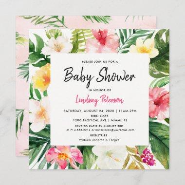 Luau Tropical Leaves Summer Square Baby Shower Invitations