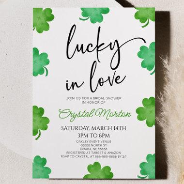 Lucky In Love Green Shamrock Clovers Bridal Shower Invitations