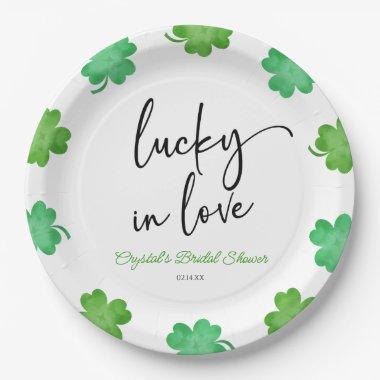 Lucky In Love Green Shamrock Clovers Bridal Shower Paper Plates