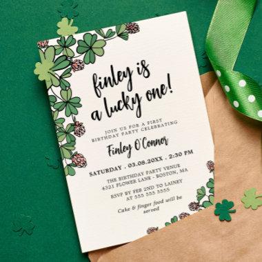 Lucky One Four Leaf Clover 1st Birthday Party Invitations