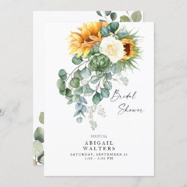 Luscious Eucalyptus Sunflower White Bridal Shower Invitations