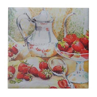 Luscious Strawberries in Watercolor Ceramic Tile